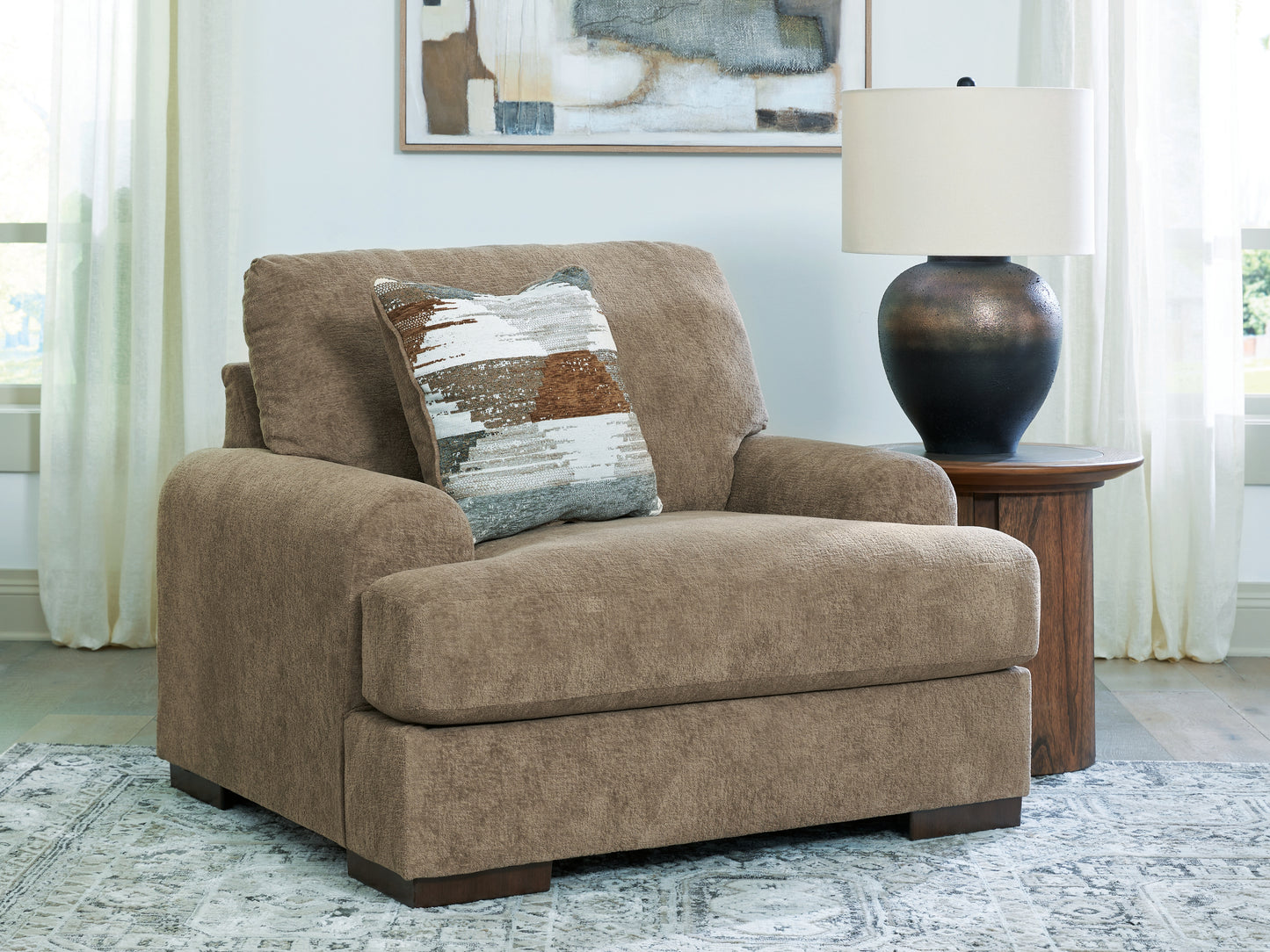 Haines Furniture Outlet - Ashley Furniture - Jayne Park Living Room - Chair and a Half / Pecan - PC8150523