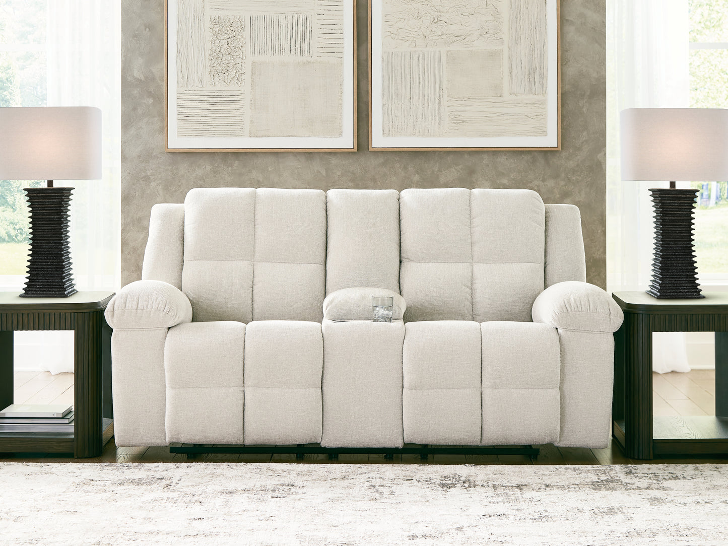 Haines Furniture Outlet - Ashley Furniture - Orlen Living Room - DBL Rec Loveseat w/Console / Winter - 8160294