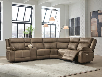 Haines Furniture Outlet - Ashley Furniture - Max-Momentum Sectional - 6-Piece Power Reclining Sectional with Audio Console / Biscotti - PC82305S9