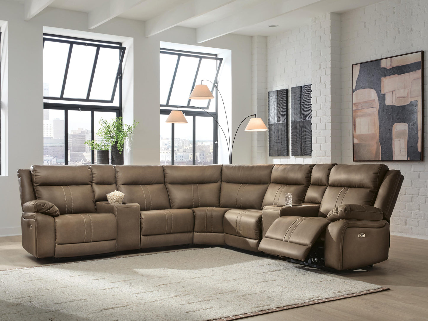 Haines Furniture Outlet - Ashley Furniture - Max-Momentum Sectional - 7-Piece Power Reclining Sectional with Audio Consoles / Biscotti - PC82305S7