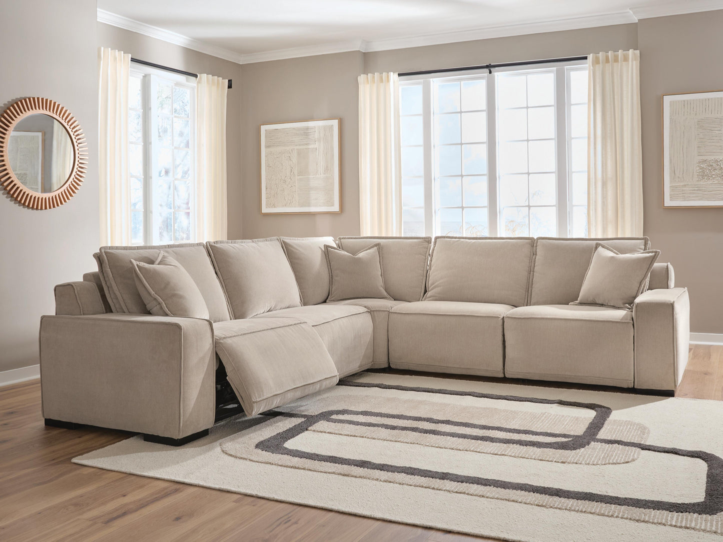 Haines Furniture Outlet - Ashley Furniture - Carceri Sectional - 5-Piece Power Sectional Reclining Sofa / Cashmere - 87003S4