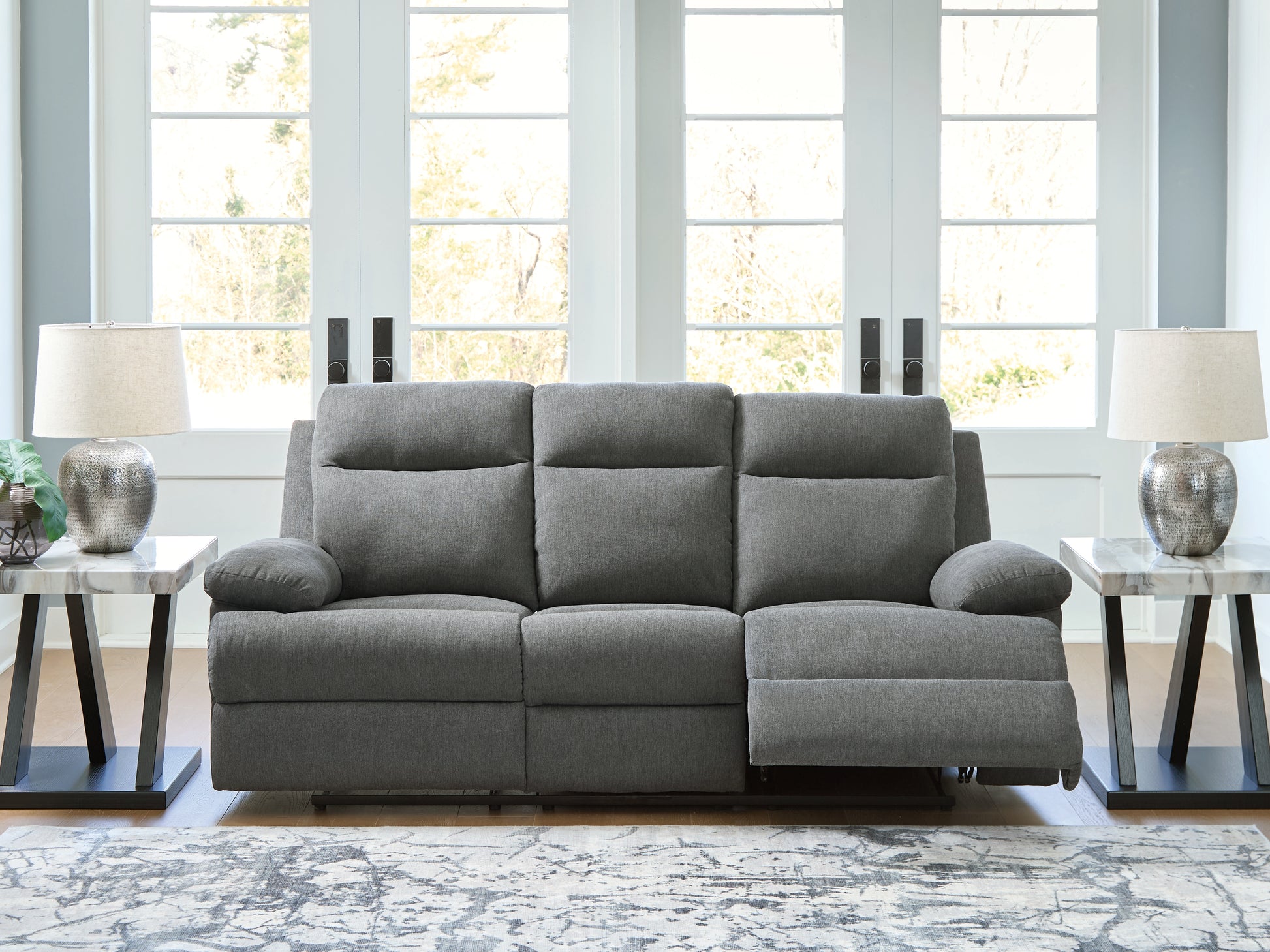 Haines Furniture Outlet - Ashley Furniture - Side-Swipe Living Room - REC Sofa w/Drop Down Table / Charcoal - PC9140689