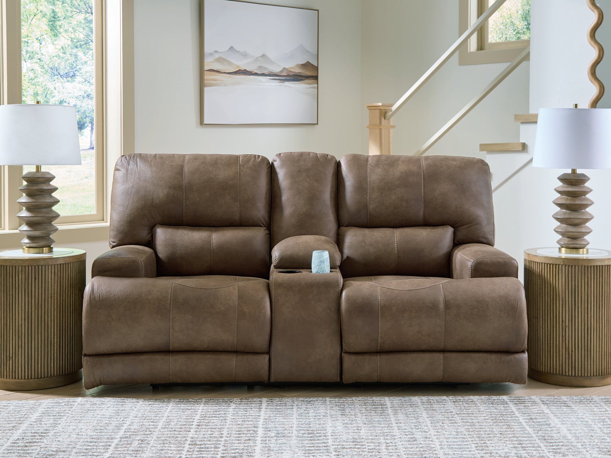 Haines Furniture Outlet - Ashley Furniture - Beckley Place Living Room - PWR REC Loveseat/CON/ADJ HDRST / Earth - PC9180218