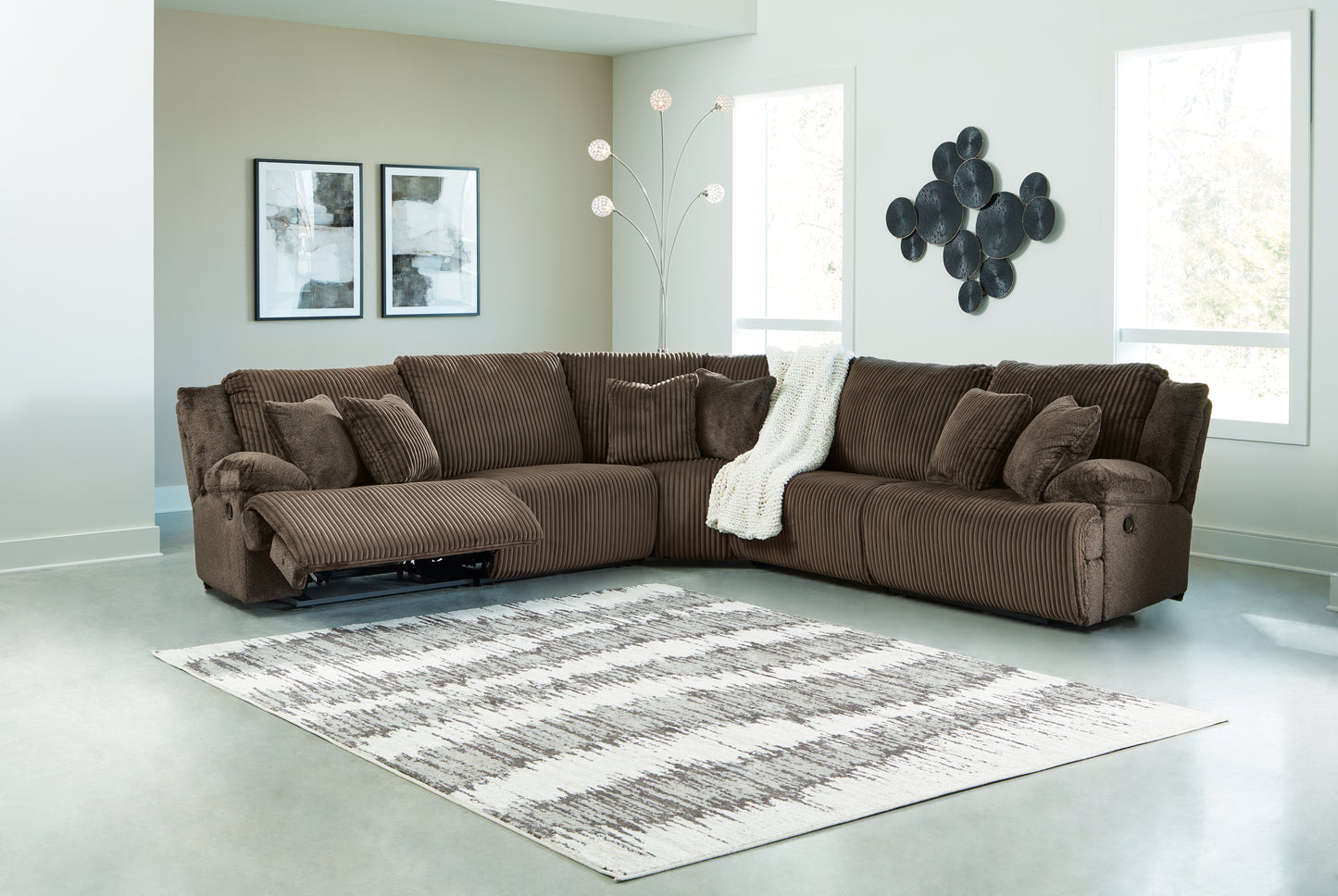 Haines Furniture Outlet - Ashley Furniture - Top Tier Sectional - 5-Piece Reclining Sectional / Chocolate - 92705S3