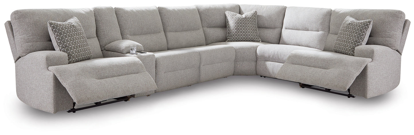 Haines Furniture Outlet - Ashley Furniture - Acklen Place Sectional - 7-Piece Power Sectional Reclining Sofa with Storage Console / Pewter - 93605S20