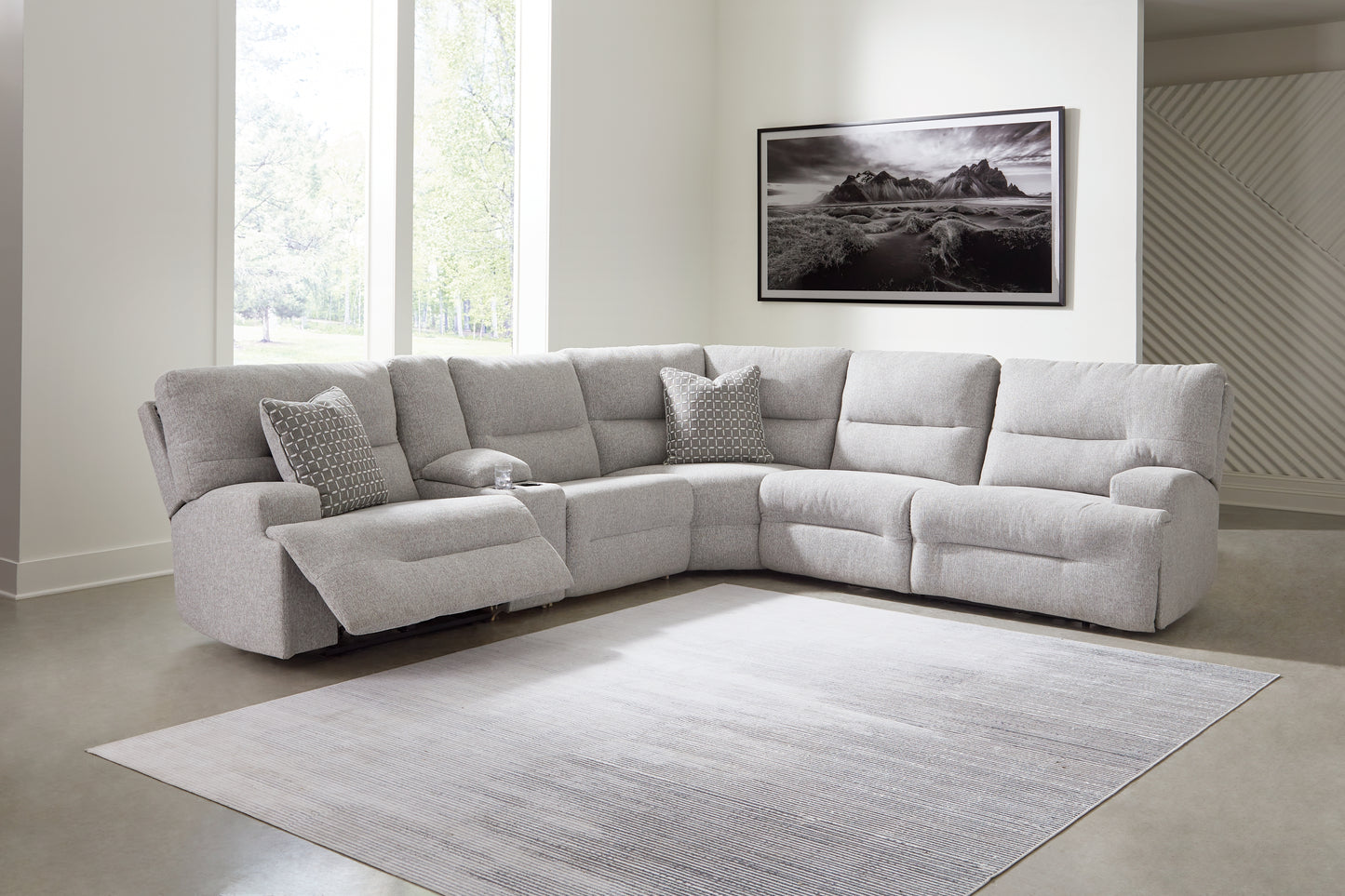 Haines Furniture Outlet - Ashley Furniture - Acklen Place Sectional - 6-Piece Power Reclining Sectional / Pewter - 93605S9
