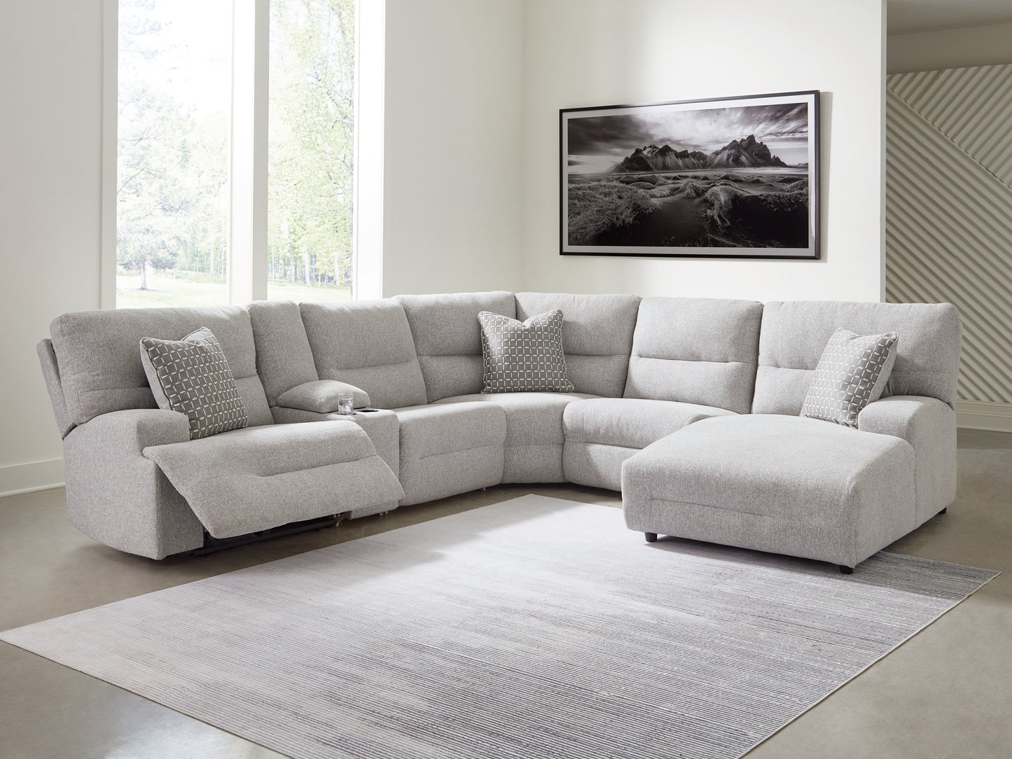 Haines Furniture Outlet - Ashley Furniture - Acklen Place Sectional - 6-Piece Power Reclining Sectional with Chaise / Pewter - 93605S1