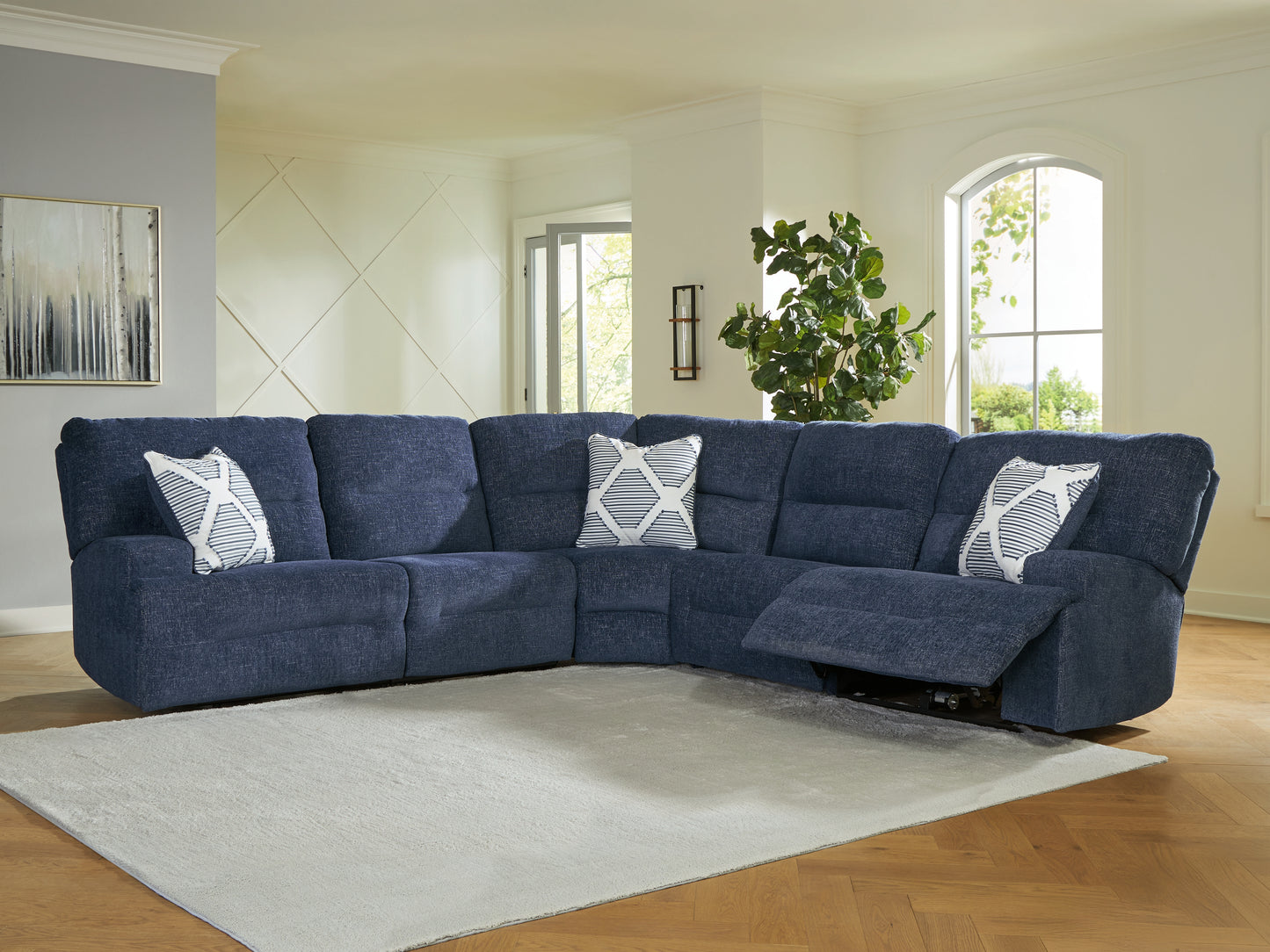 Haines Furniture Outlet - Ashley Furniture - Acklen Place Sectional - 5-Piece Power Reclining Sectional / Navy - 93607S3