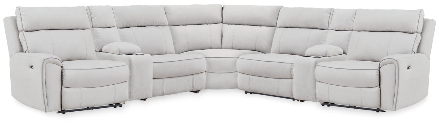 Haines Furniture Outlet - Ashley Furniture - Social Pointe Sectional - 7-Piece Reclining Sectional with Storage Consoles / Pearl/Ash - PC98802S34