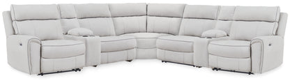Haines Furniture Outlet - Ashley Furniture - Social Pointe Sectional - 7-Piece Reclining Sectional with Storage Consoles / Pearl/Ash - PC98802S34