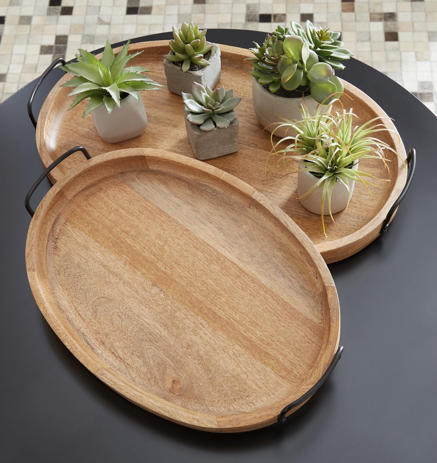 Haines Furniture Outlet - Ashley Furniture - Jocelyne Tray (Set of 2) - Tray Set (Set of 2) / Brown/Black - A2000455