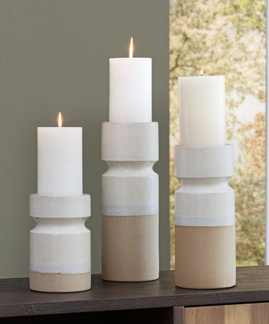 Haines Furniture Outlet - Ashley Furniture - Hurston Candle Holder - Candle Holder Set (3/CN) / Ivory/Brown - A2000583