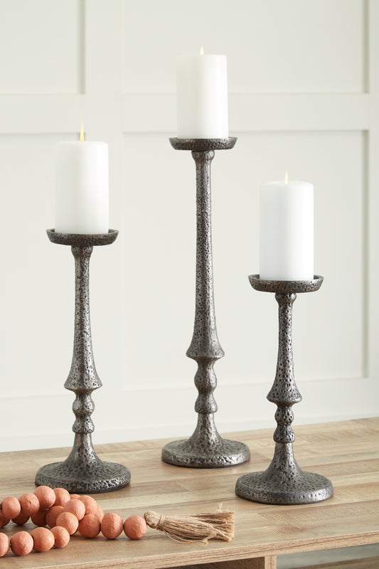 Haines Furniture Outlet - Ashley Furniture - Eravell Candle Holder - Candle Holder Set (3/CN) / Pewter Finish - A2000584
