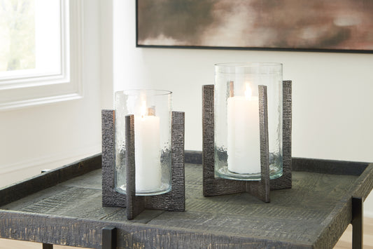 Haines Furniture Outlet - Ashley Furniture - Garekton Candle Holder - Candle Holder Set (Set of 2) / Clear/Pewter Finish - A2000591