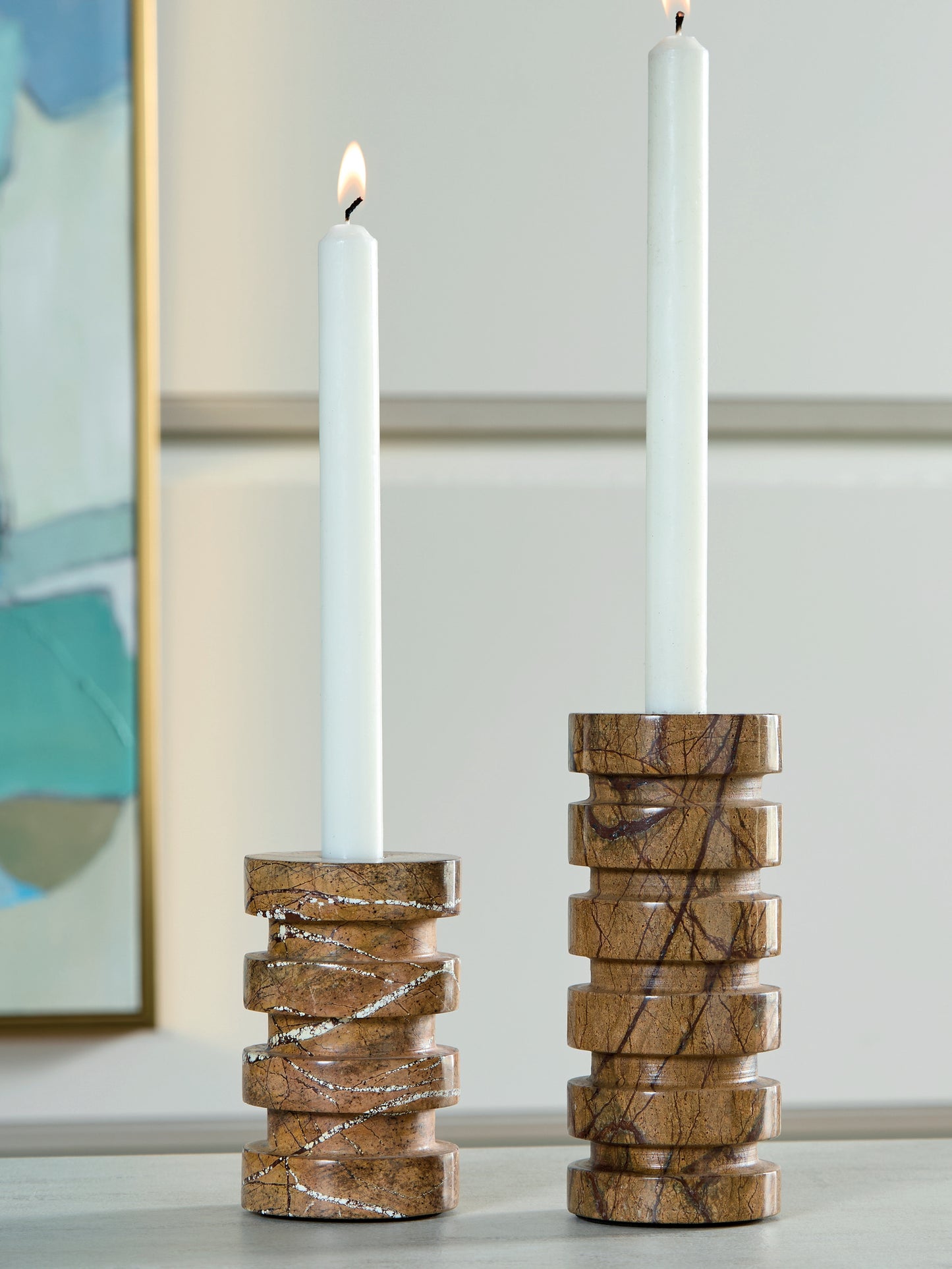 Haines Furniture Outlet - Ashley Furniture - Emsleyfield Candle Holder - Candle Holder Set (Set of 2) / Tan - A2000735