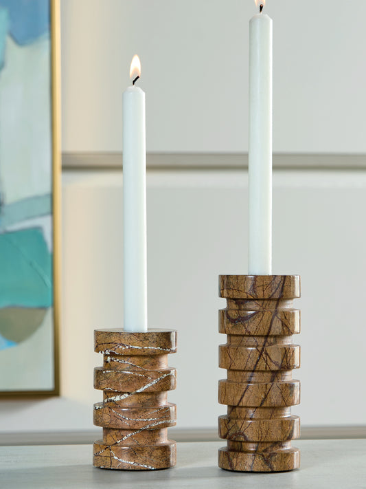 Haines Furniture Outlet - Ashley Furniture - Emsleyfield Candle Holder - Candle Holder Set (Set of 2) / Tan - A2000735