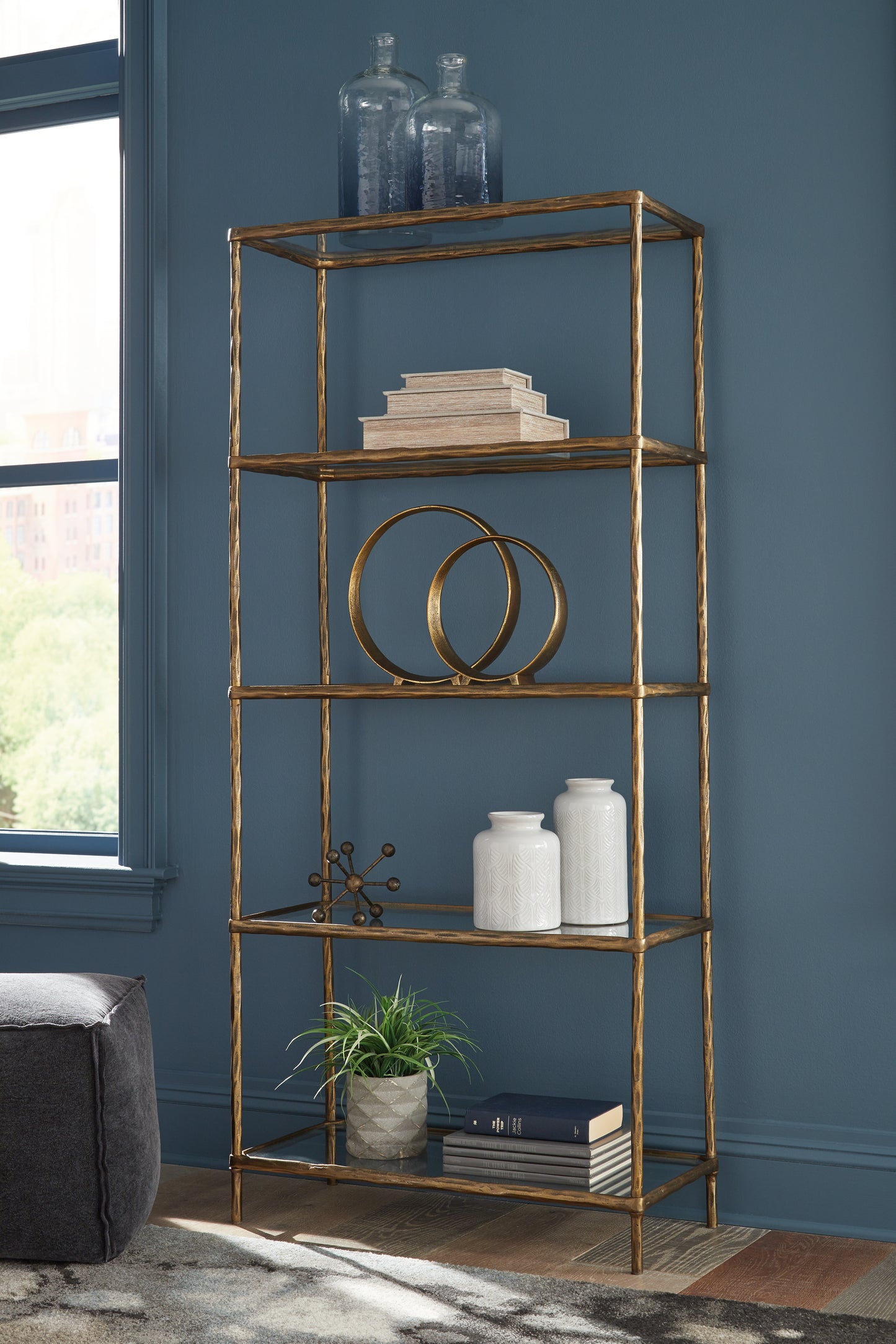 Haines Furniture Outlet - Ashley Furniture - Ryandale Bookcase - Bookcase / Antique Brass Finish - A4000441