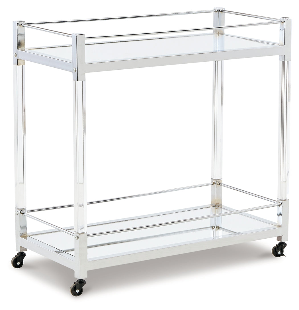Haines Furniture Outlet - Ashley Furniture - Chaseton Bar Cart - Bar Cart / Clear/Silver Finish - A4000501