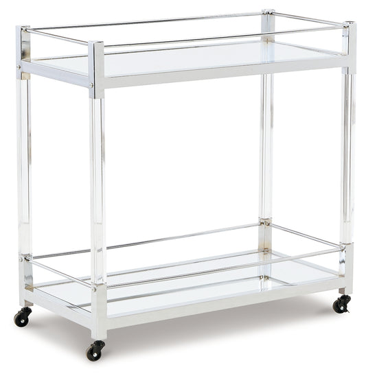 Haines Furniture Outlet - Ashley Furniture - Chaseton Bar Cart - Bar Cart / Clear/Silver Finish - A4000501