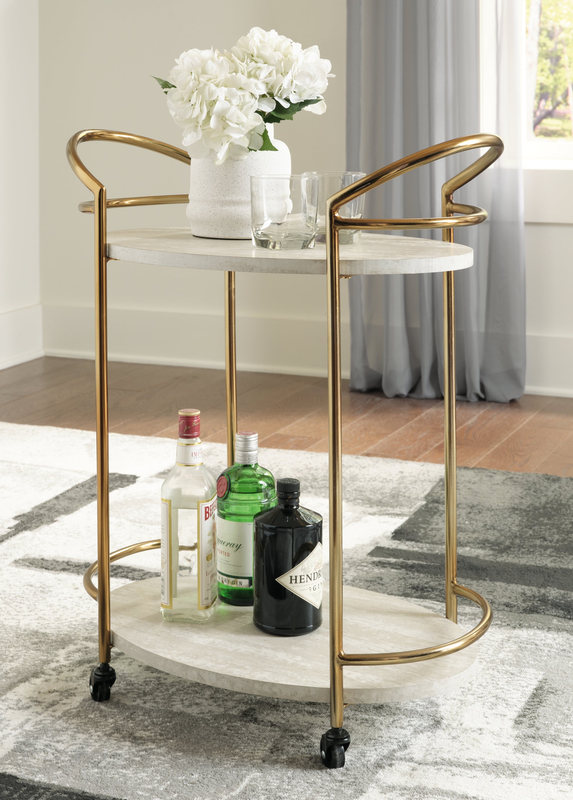 Haines Furniture Outlet - Ashley Furniture - Tarica Bar Cart - Bar Cart / Cream/Gold Finish - A4000502