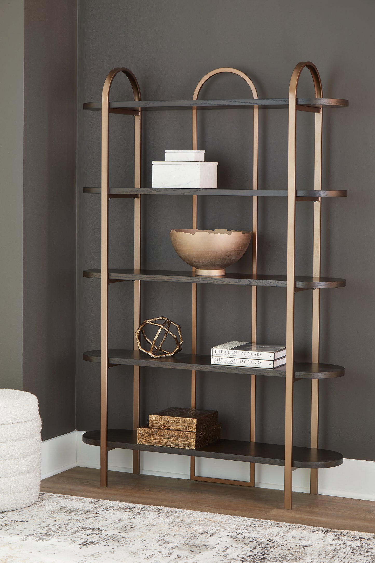 Haines Furniture Outlet - Ashley Furniture - Brentmour Bookcase - Bookcase / Brown/Gold Finish - A4000589