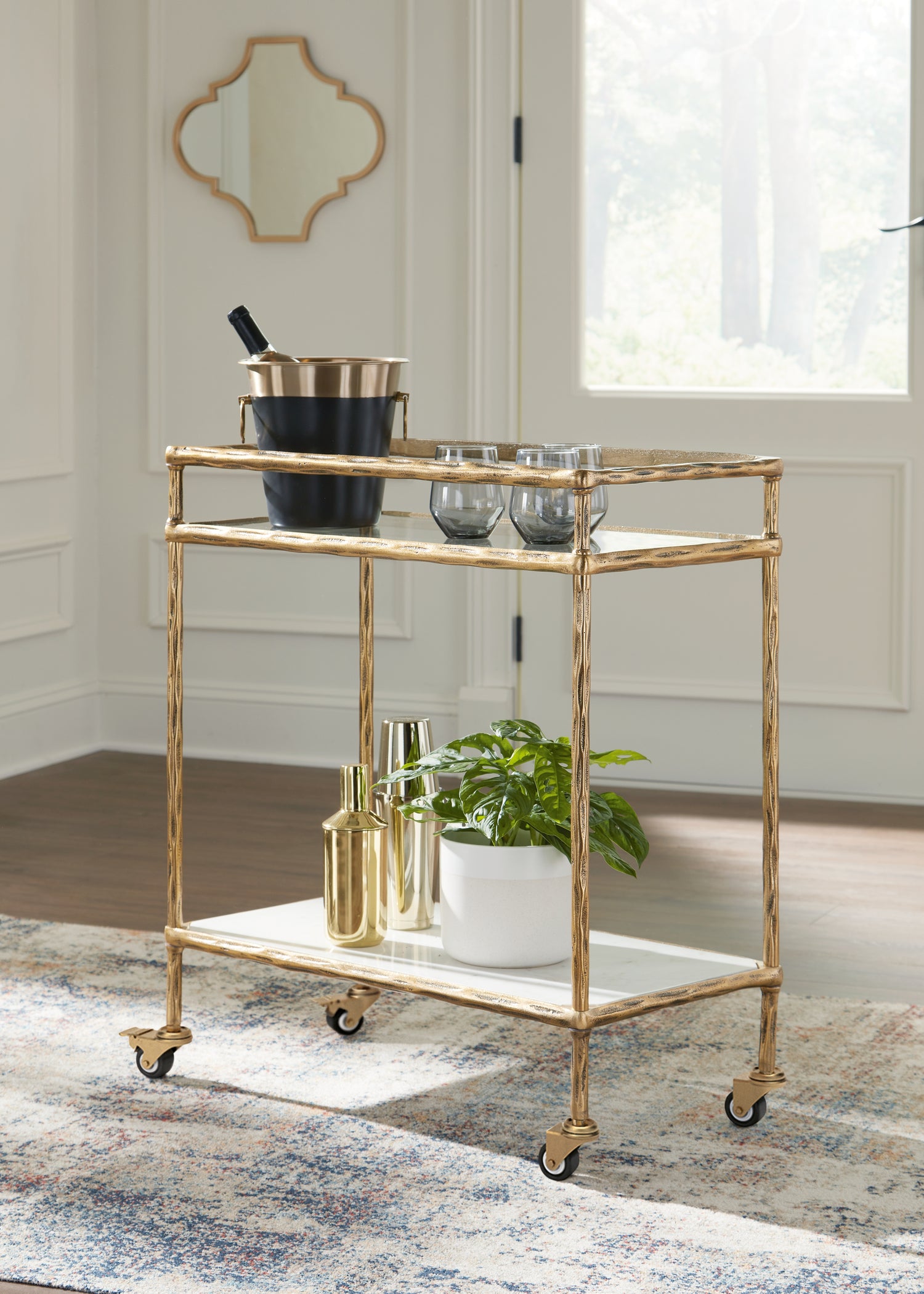 Haines Furniture Outlet - Ashley Furniture - Plattfield Bar Cart - Bar Cart / Antique Gold Finish - A4000625