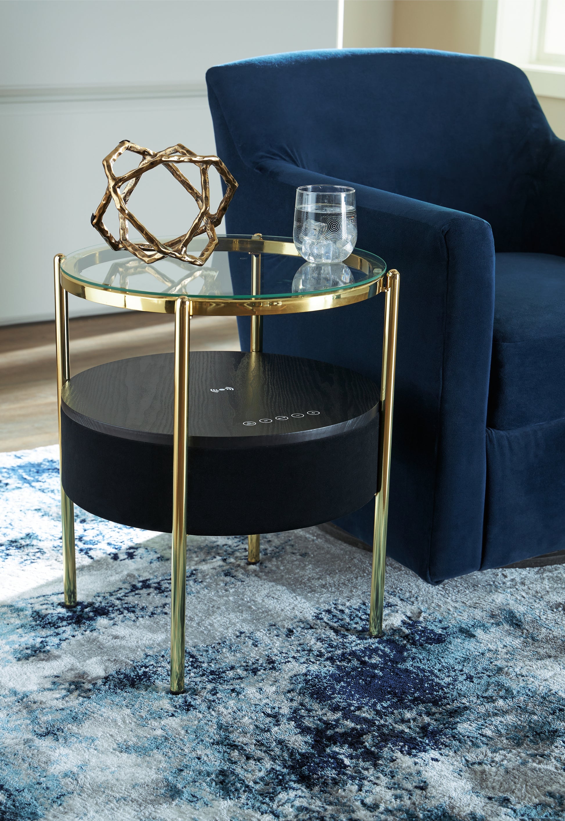 Haines Furniture Outlet - Ashley Furniture - Nedman Accent Table with Speaker - Accent Table with Speaker / Black/Gold Finish - A4000669
