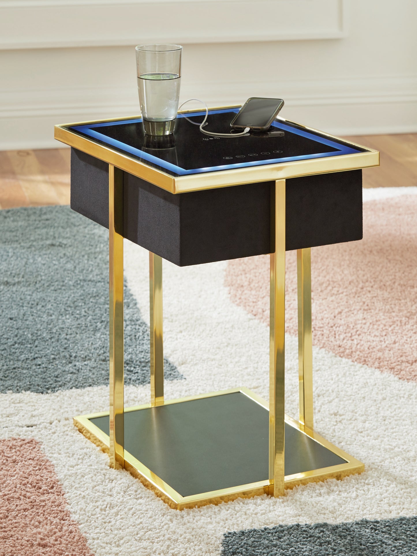 Haines Furniture Outlet - Ashley Furniture - Rexwell Accent Table with Speaker - Accent Table with Speaker / Black/Gold Finish - A4000681