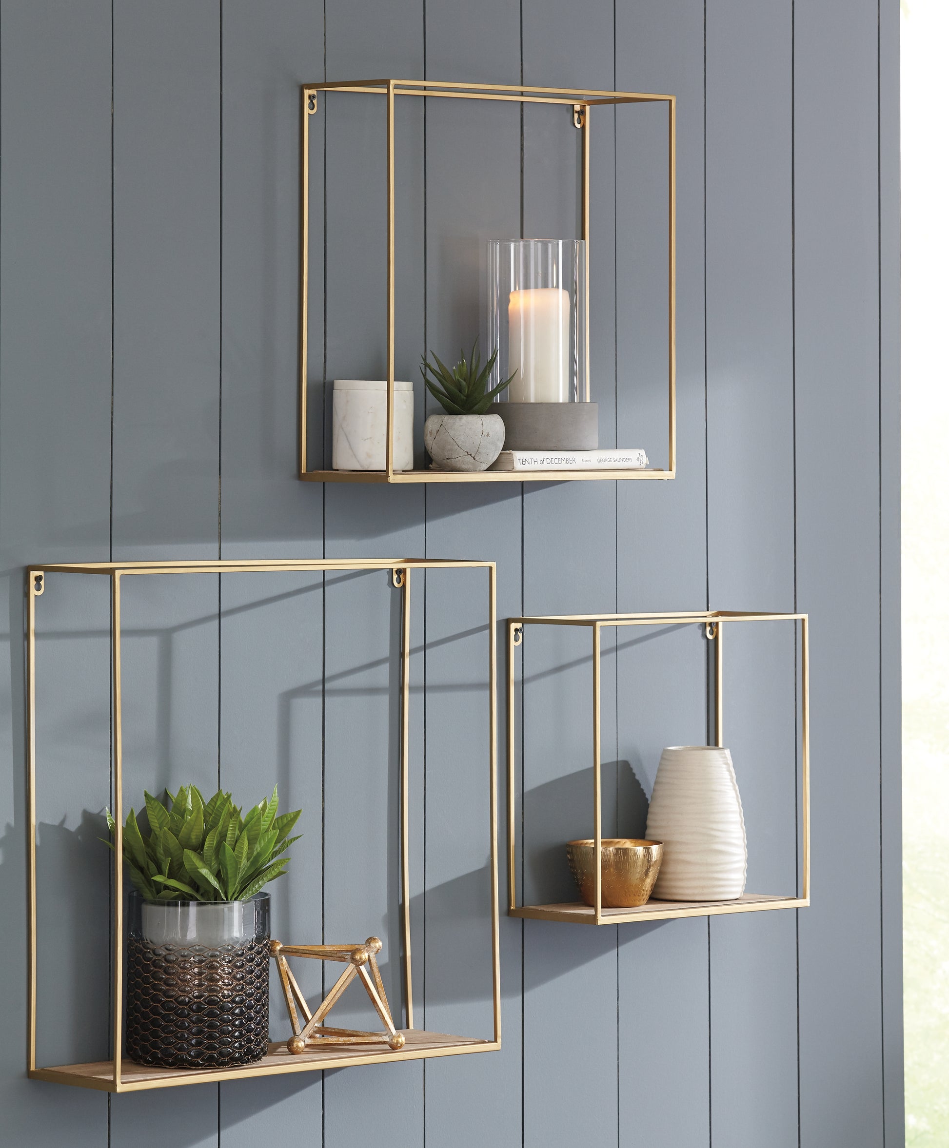 Haines Furniture Outlet - Ashley Furniture - Efharis Wall Decor - Wall Shelf Set (3/CN) / Natural/Gold Finish - A8010107