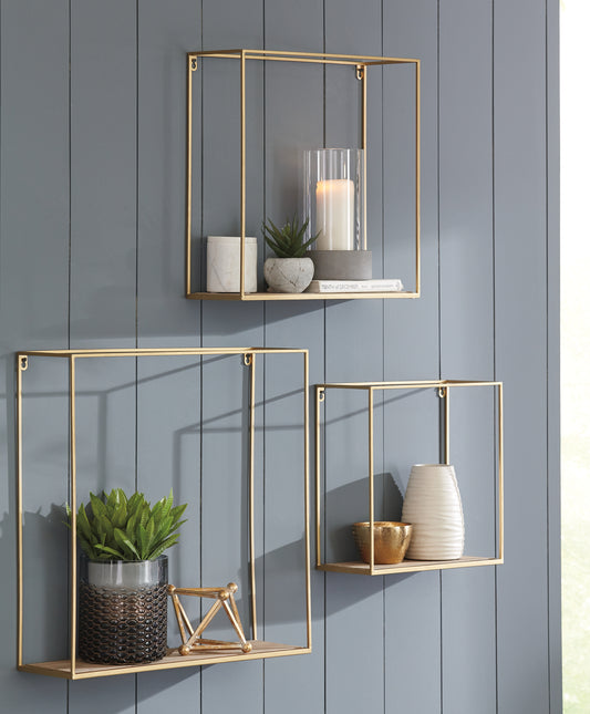 Haines Furniture Outlet - Ashley Furniture - Efharis Wall Decor - Wall Shelf Set (3/CN) / Natural/Gold Finish - A8010107