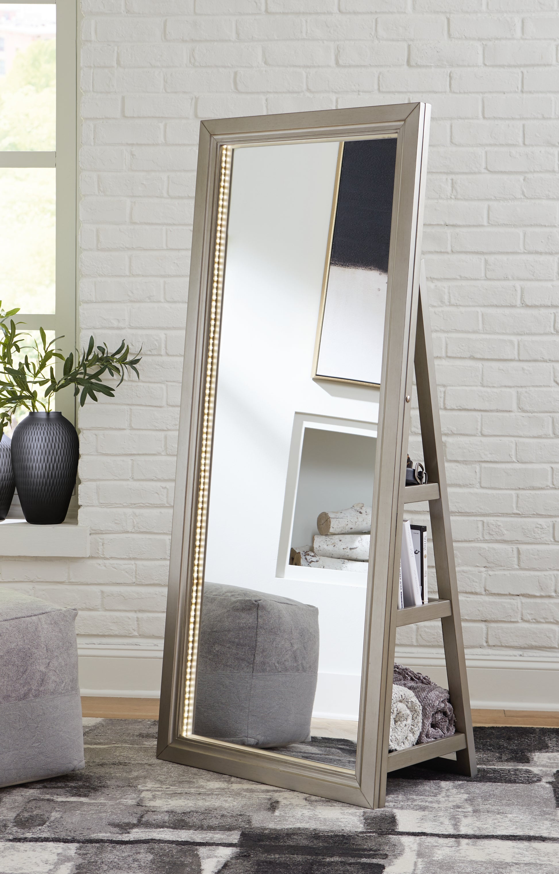 Haines Furniture Outlet - Ashley Furniture - Evesen Mirror - Floor Standing Mirror/Storage / White - A8010383