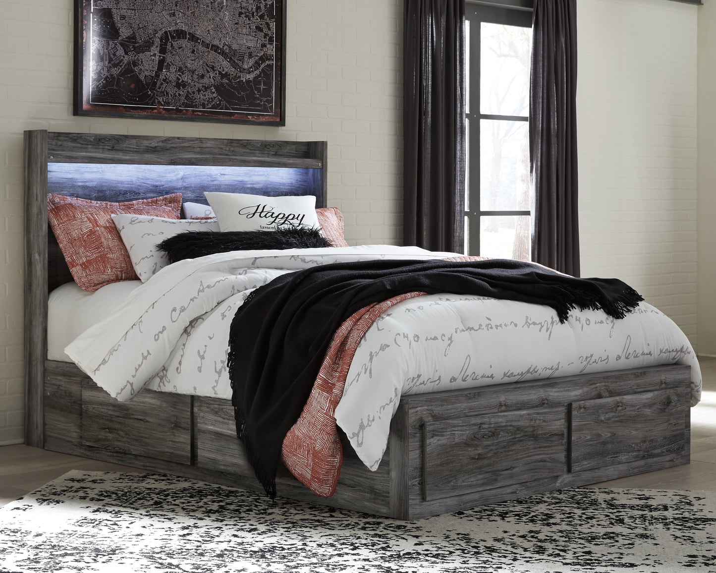 Haines Furniture Outlet - Ashley Furniture - Baystorm Bedroom - Queen Panel Bed with 4 Storage Drawers / Gray - B221B13