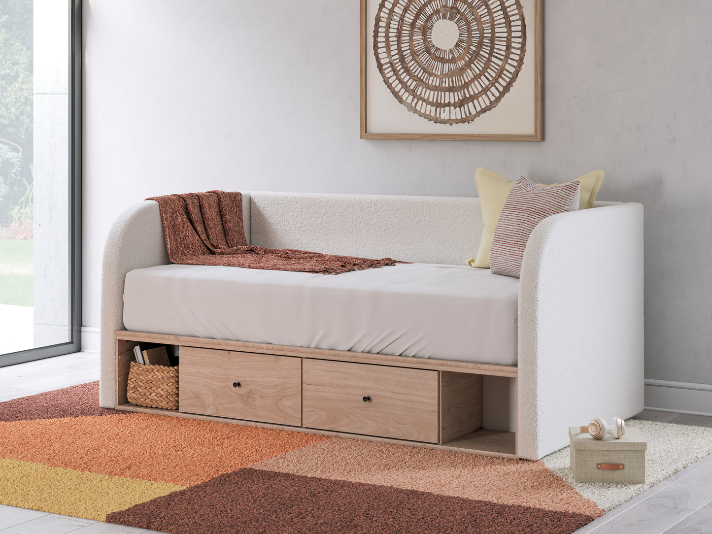 Haines Furniture Outlet - Ashley Furniture - Arloster Bedroom - Twin Upholstered Day Bed with Storage / Tan/White - PCB1566B9