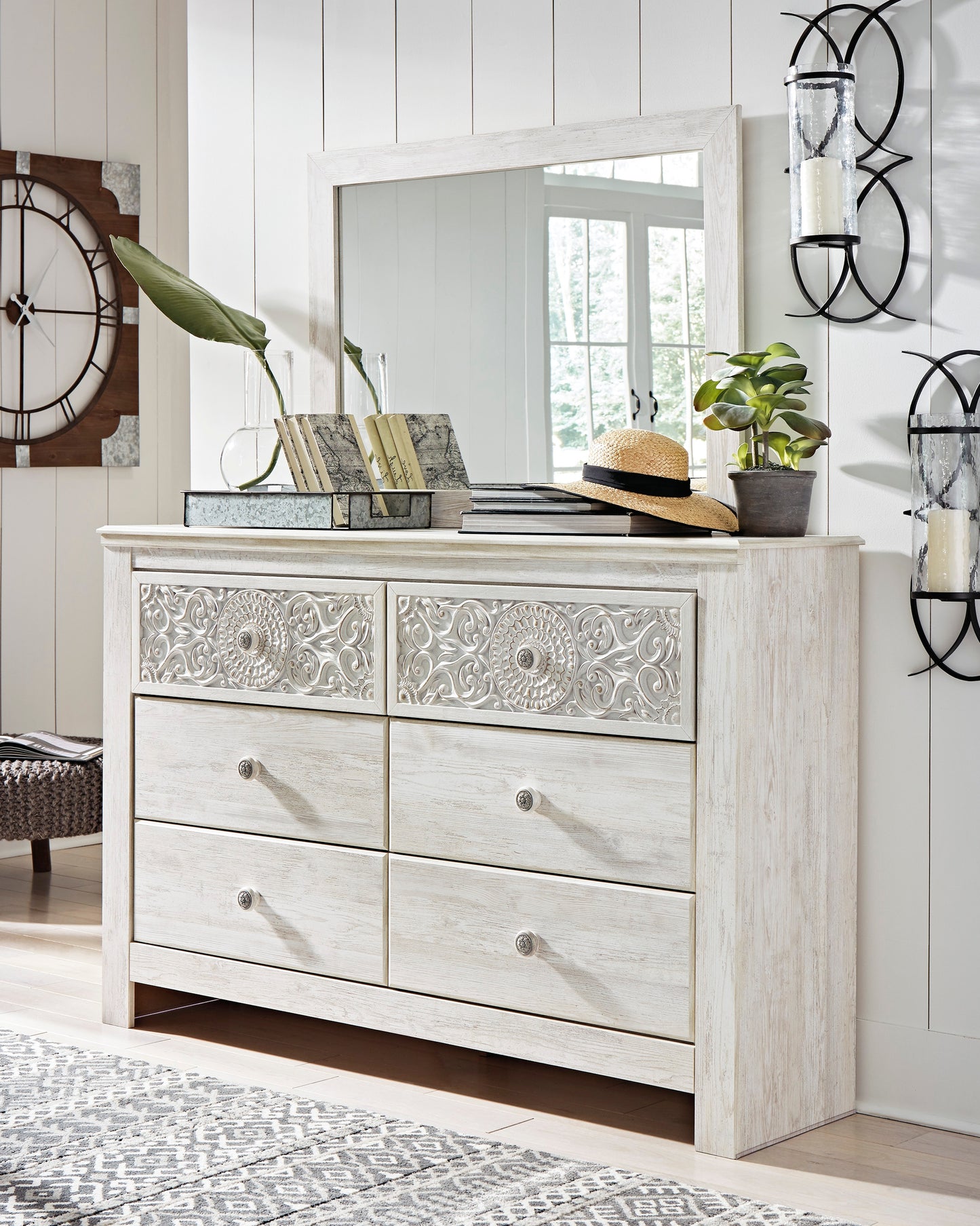 Haines Furniture Outlet - Ashley Furniture - Paxberry Bedroom - Dresser and Mirror / Whitewash - B181B8