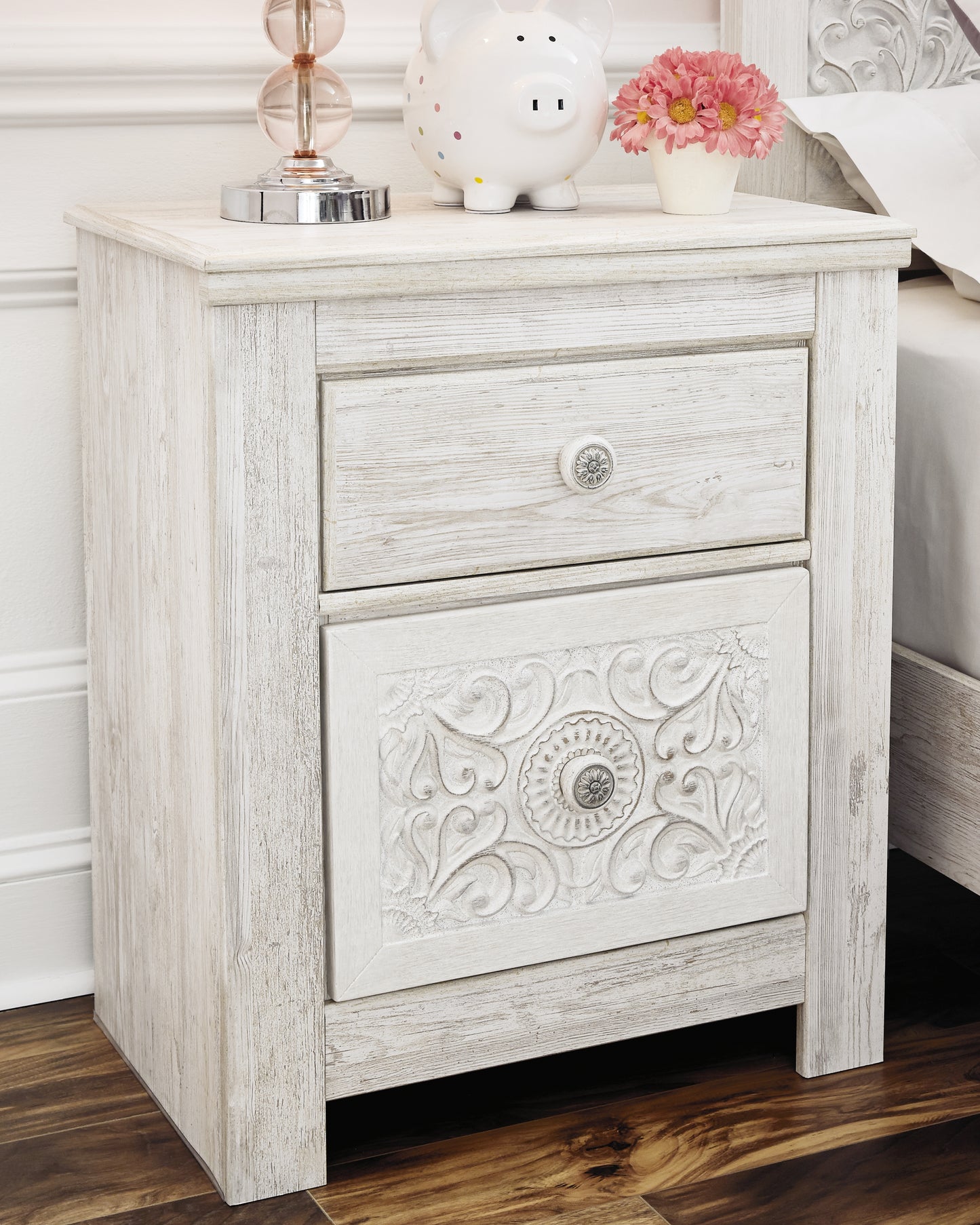 Haines Furniture Outlet - Ashley Furniture - Paxberry Bedroom - Two Drawer Night Stand / Whitewash - B181-92