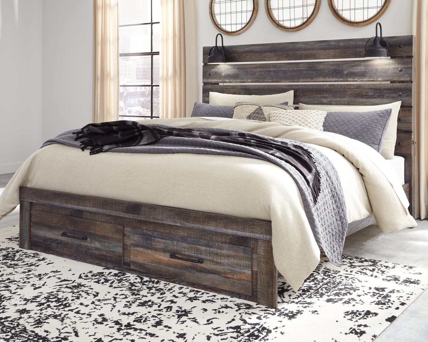 Haines Furniture Outlet - Ashley Furniture - Drystan Bedroom - King Panel Bed with 2 Storage Drawers / Multi - B211B55