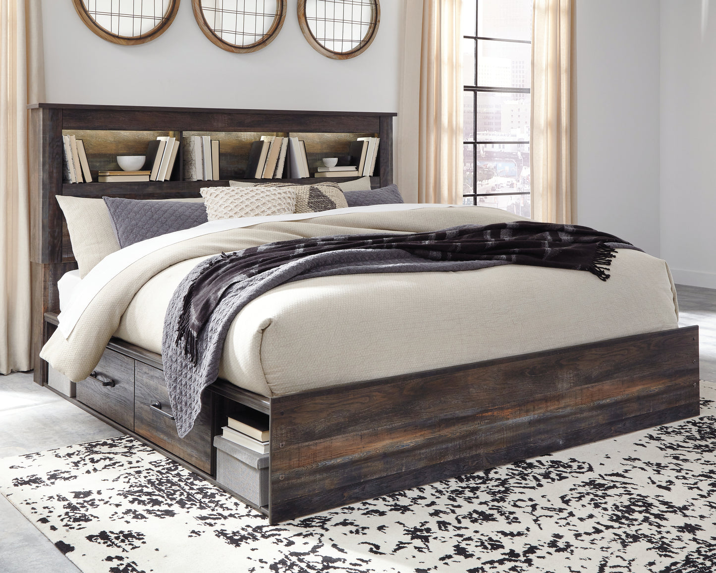 Haines Furniture Outlet - Ashley Furniture - Drystan Bedroom - King Bookcase Bed with 4 Storage Drawers / Multi - B211B52