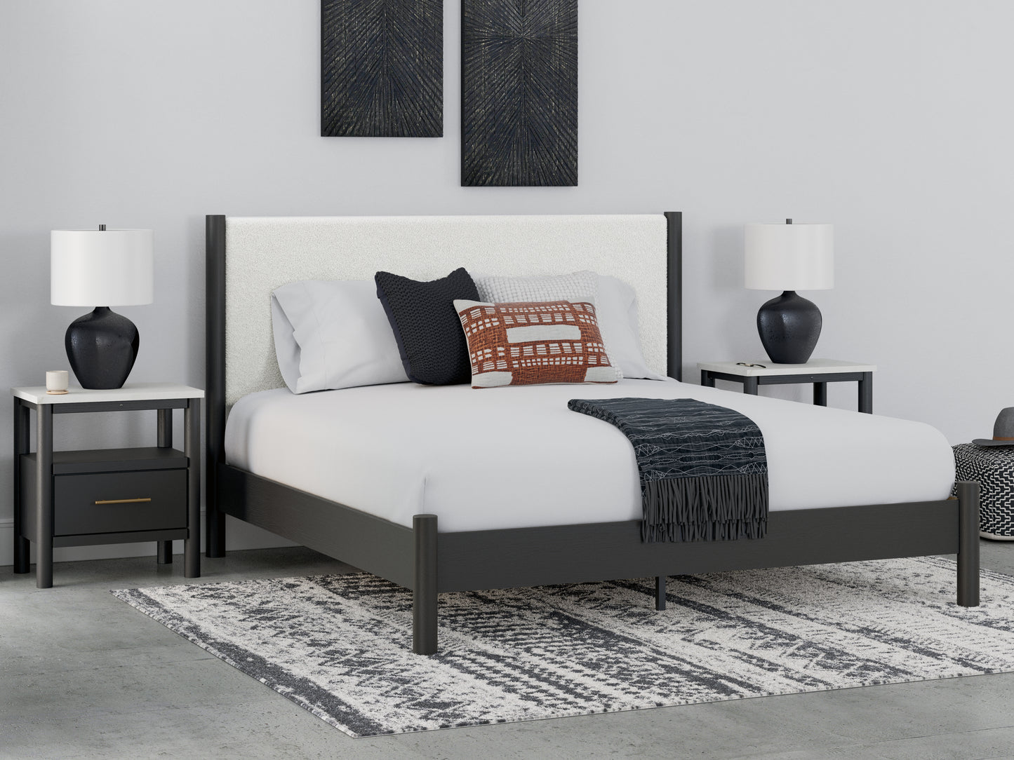 Haines Furniture Outlet - Ashley Furniture - Cadmori Bedroom - King Upholstered Panel Bed / Black/White - B2616B8