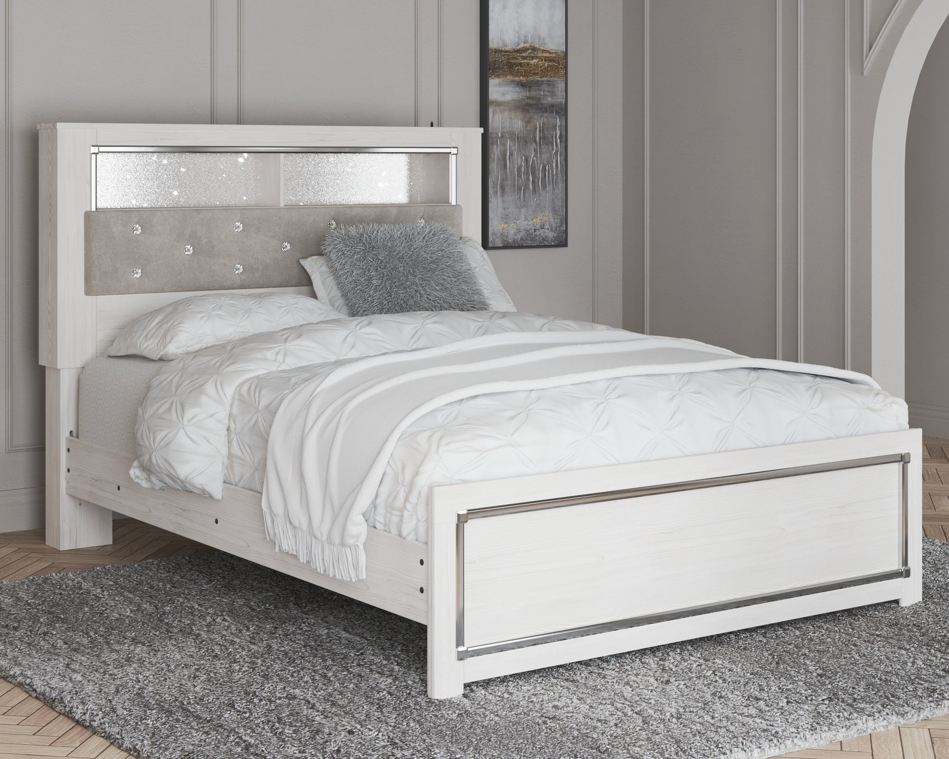 Haines Furniture Outlet - Ashley Furniture - Altyra Bedroom - King Upholstered Bookcase Bed with Storage / White - B2640B30