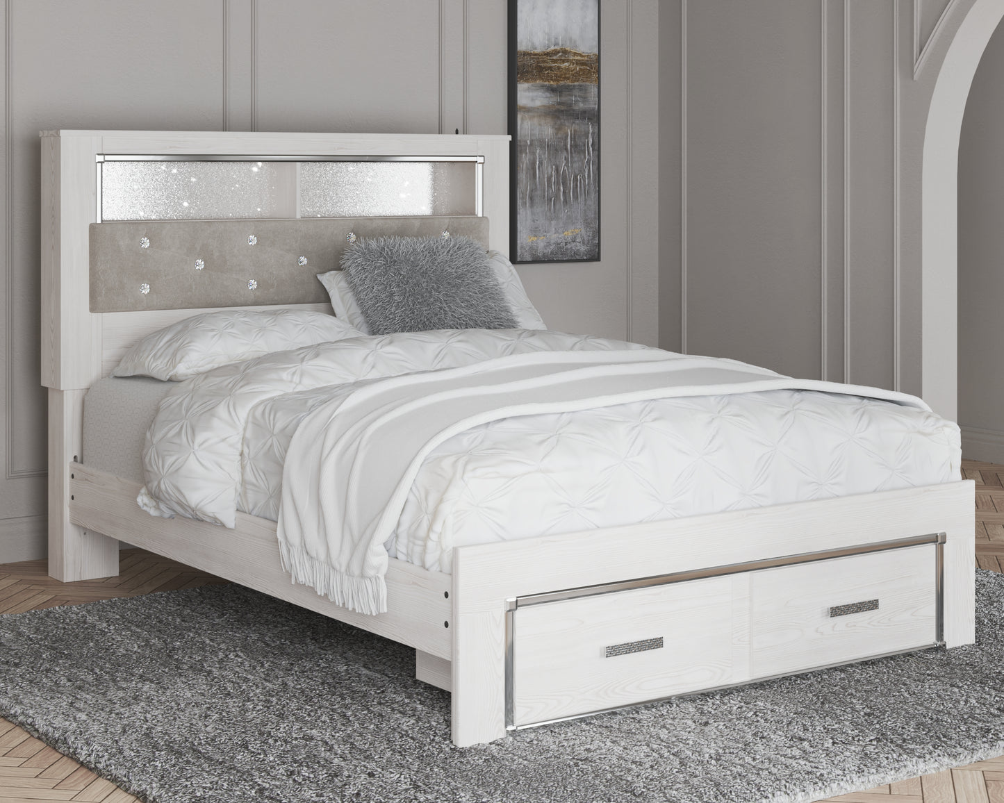 Haines Furniture Outlet - Ashley Furniture - Altyra Bedroom - Queen Upholstered Bookcase Bed with Storage / White - B2640B19