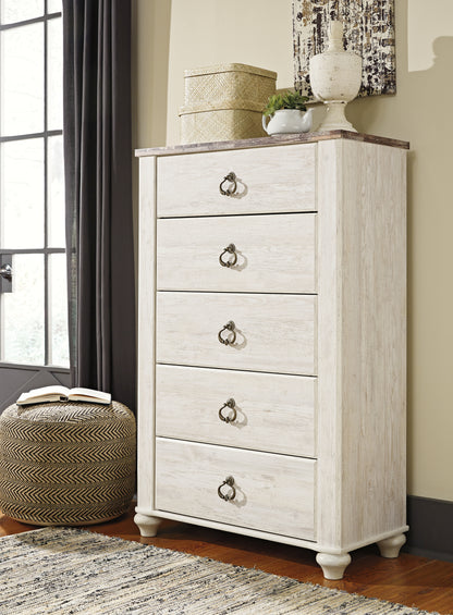 Haines Furniture Outlet - Ashley Furniture - Willowton Bedroom - Five Drawer Chest / Whitewash - B267-46