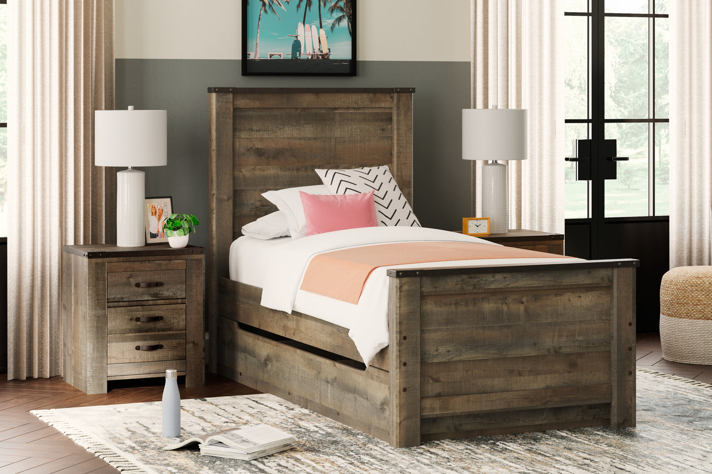Haines Furniture Outlet - Ashley Furniture - Trinell Bedroom - Twin Panel Bed with 1 Large Storage Drawer / Brown - B446B8
