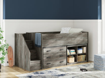 Haines Furniture Outlet - Ashley Furniture - Frandern Bedroom - Twin Loft  Bed with Bookcase and Drawer Storage / Gray - B4480B16