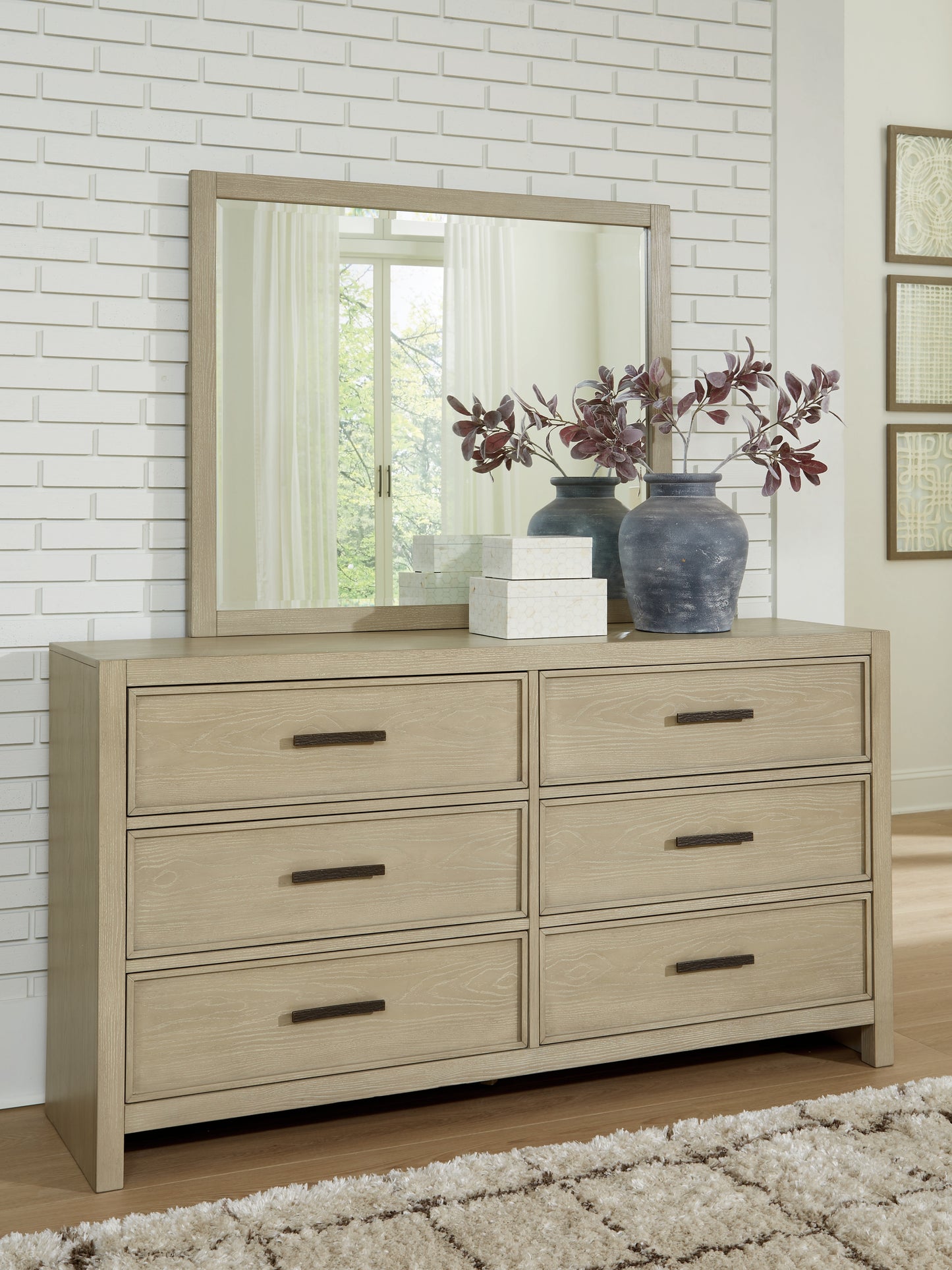 Haines Furniture Outlet - Ashley Furniture - Calmoro Bedroom - Dresser and Mirror / Gray - B602B1
