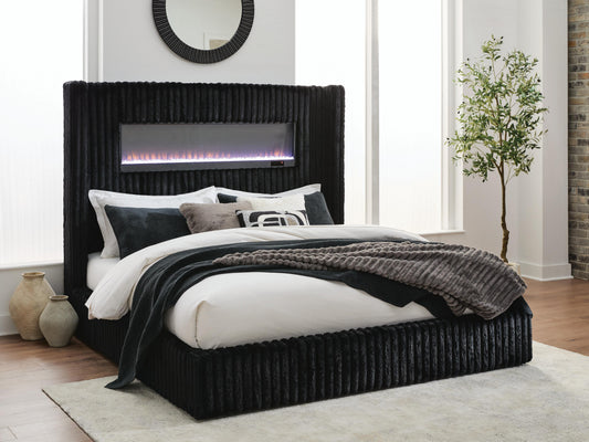 Haines Furniture Outlet - Ashley Furniture - Tayleena Bedroom - King Upholstered Bed with Fireplace and Wireless Audio - PCB620B2