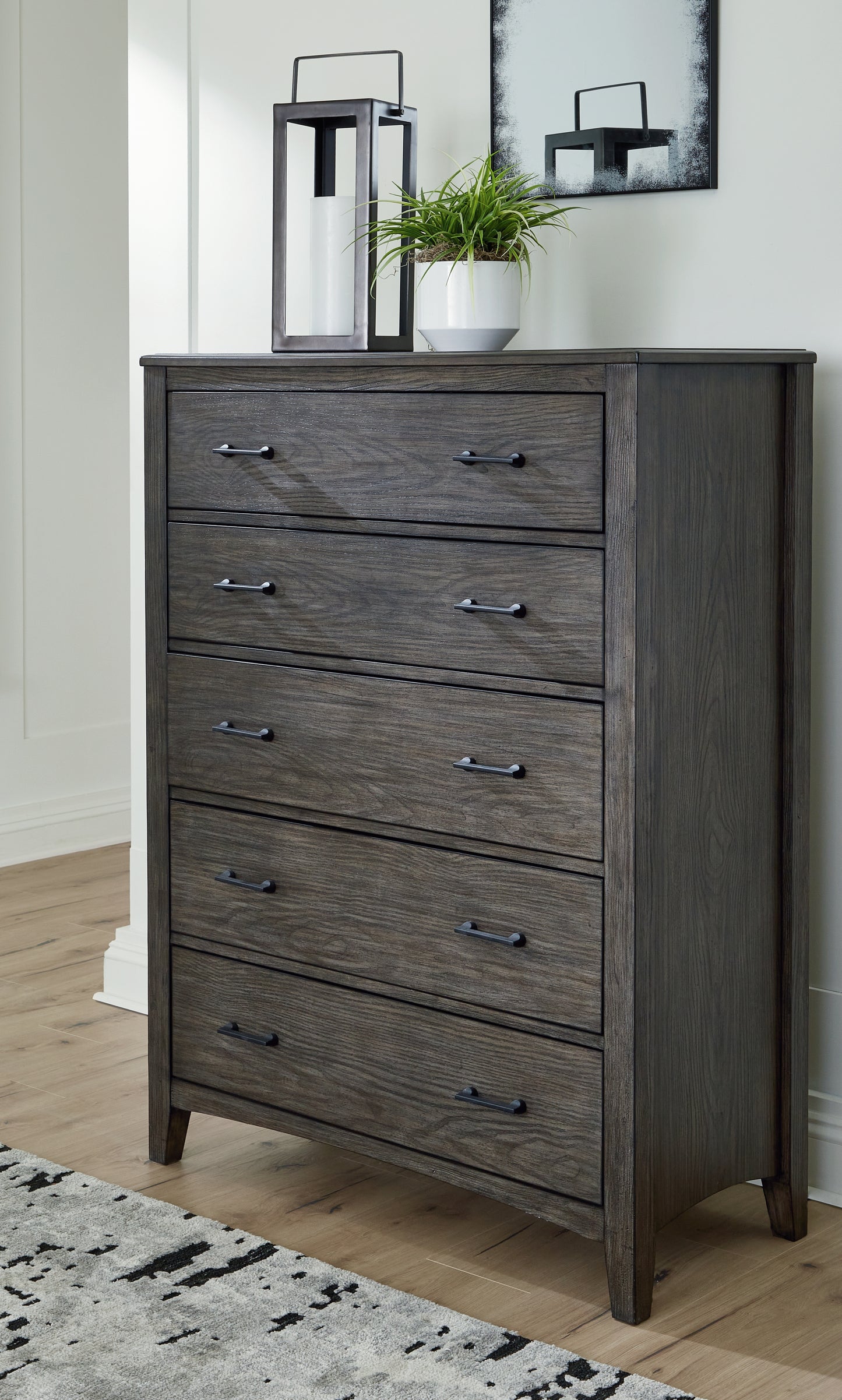 Haines Furniture Outlet - Ashley Furniture - Montillan Bedroom - Five Drawer Chest / Grayish Brown - B651-46