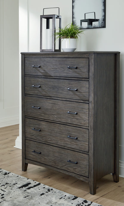 Haines Furniture Outlet - Ashley Furniture - Montillan Bedroom - Five Drawer Chest / Grayish Brown - B651-46