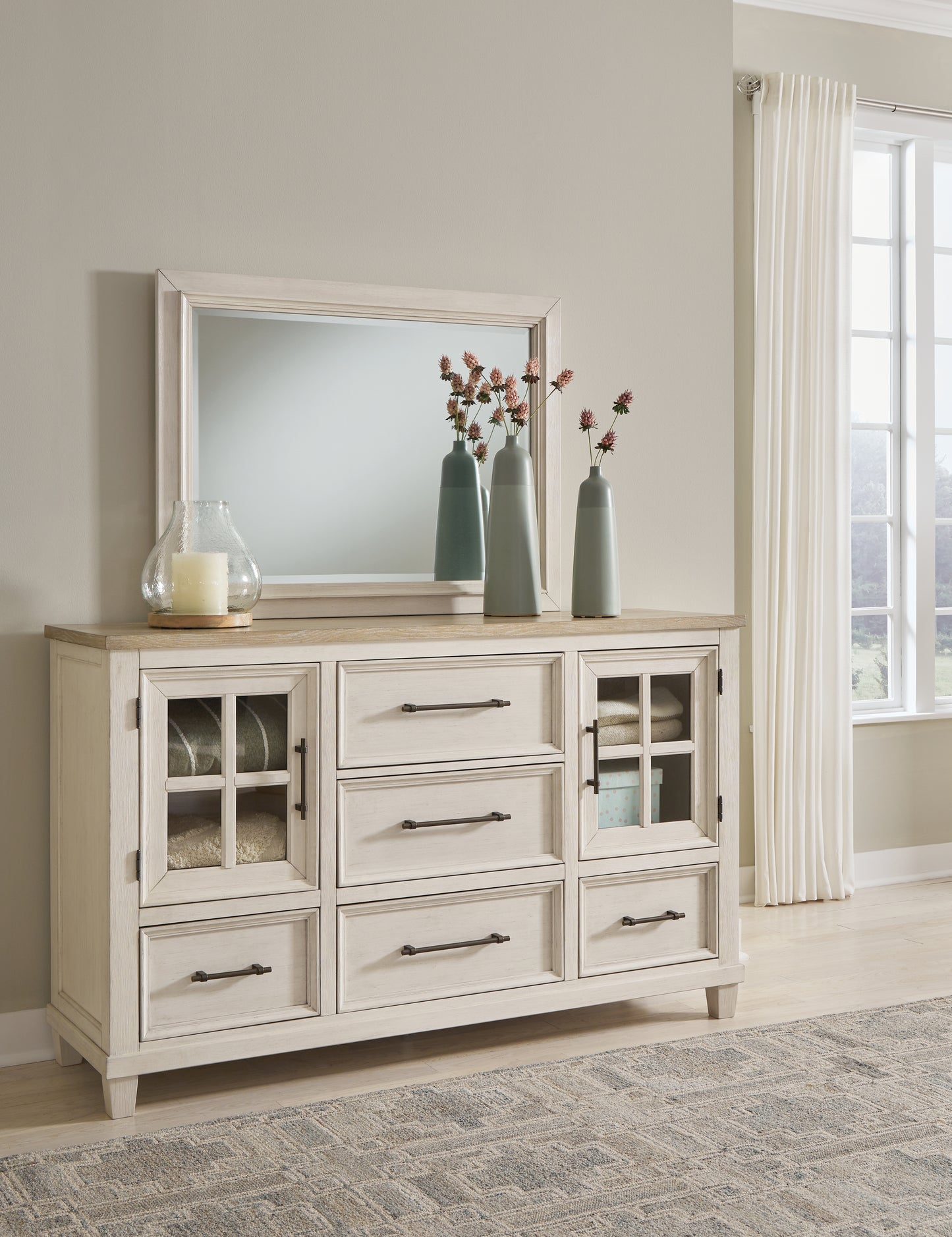 Haines Furniture Outlet - Ashley Furniture - Shaybrock Bedroom - Dresser and Mirror / Antique White/Brown - B683B1