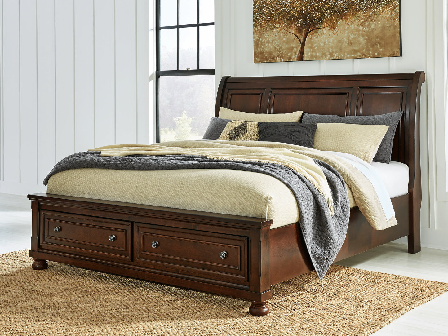 Haines Furniture Outlet - Ashley Furniture - Porter Bedroom - California King Sleigh Storage Bed / Rustic Brown - B697B47