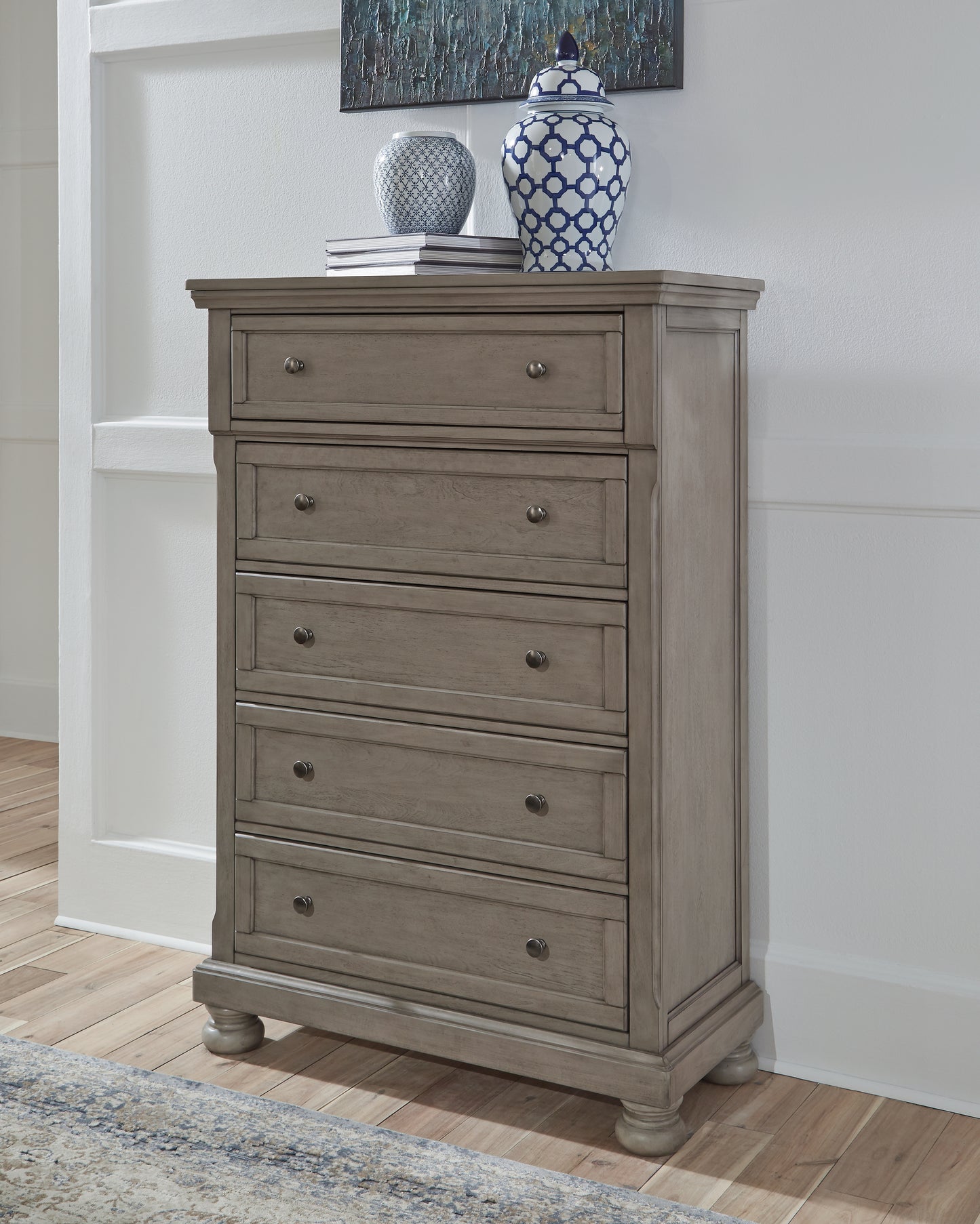 Haines Furniture Outlet - Ashley Furniture - Lettner Bedroom - Five Drawer Chest / Light Gray - B733-46